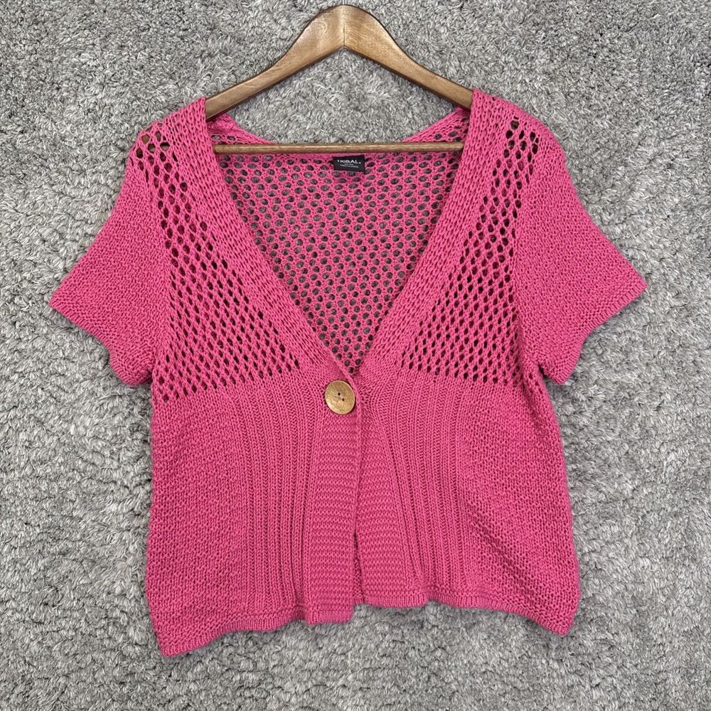 Tribal Brand Women’s Pink Crochet Knit Cardigan Shrug Sweater Med Short Sleeve